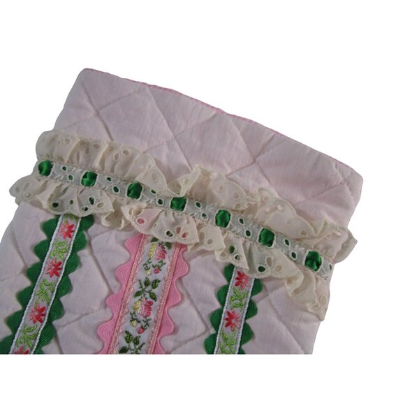 Vintage Quilted Christmas Stocking Lace Embroidered Ribbon RicRac Pink Green EUC - Picture 9 of 9